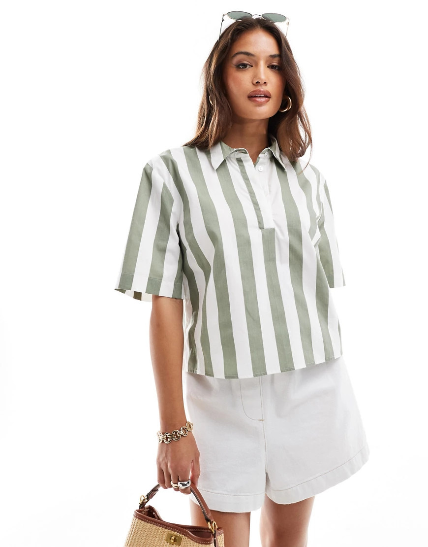 ASOS DESIGN short sleeve cropped shirt in khaki stripe-Multi | ASOS (Global)