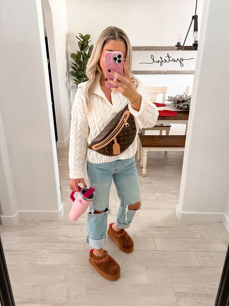 Fall outfit inspo
Cable sweater xs
Abercrombie jeans tts
Ugg tazz went up a size 
Stanley tumbler 
Lv bumbag 

#LTKshoecrush #LTKitbag #LTKfindsunder100