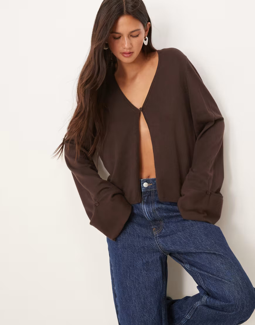 Gina Tricot folded sleeve single button knit cardigan in dark brown | ASOS (Global)