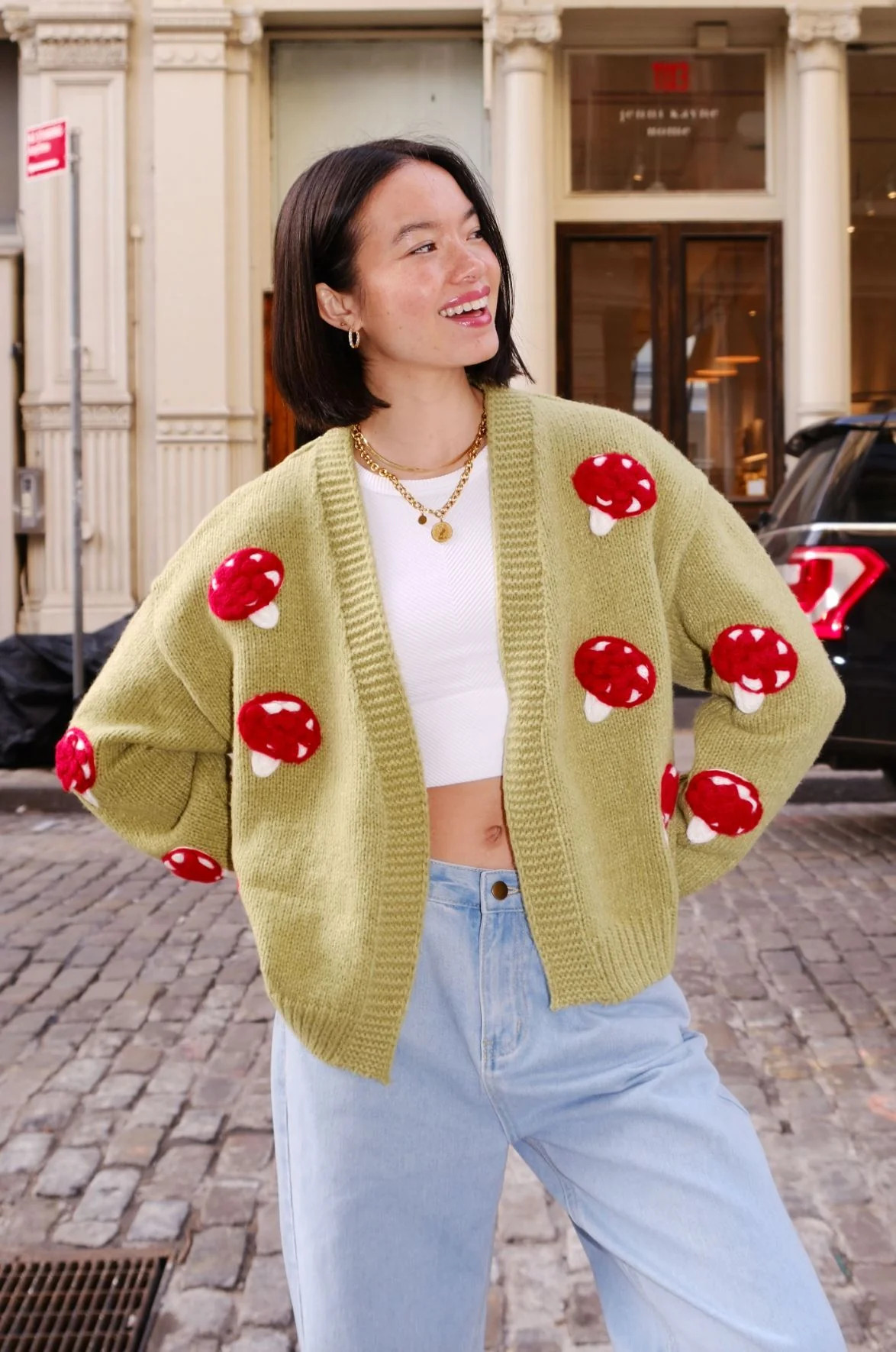 Magic Moment Mushroom Moss Green Puff Cardigan | Shop Now | Mure + Grand | Mulberry and Grand