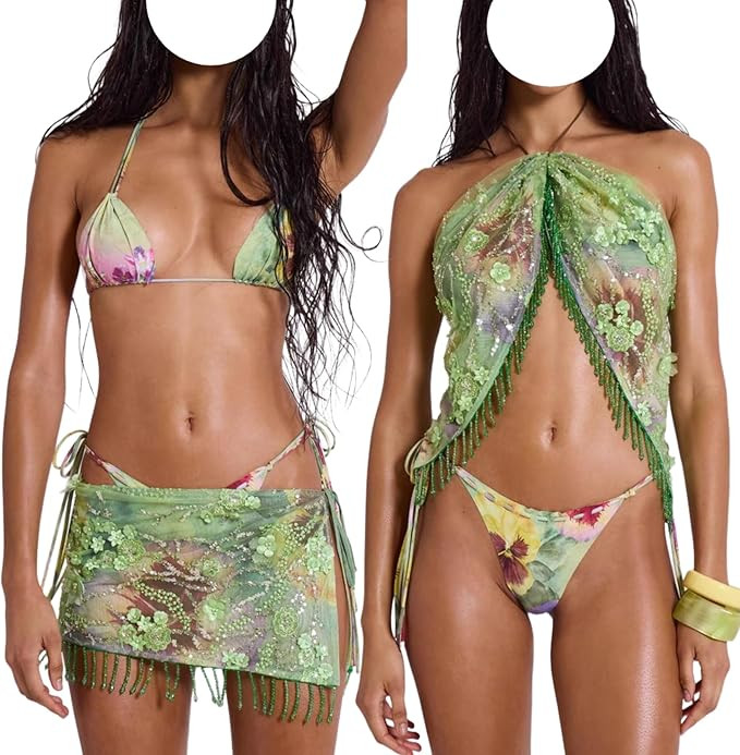 3 Piece Summer Halter Neck Beach Bikini Set 2000s Coquette Y2k Sexy Floral Sequin Beaded Swimsuit | Amazon (US)