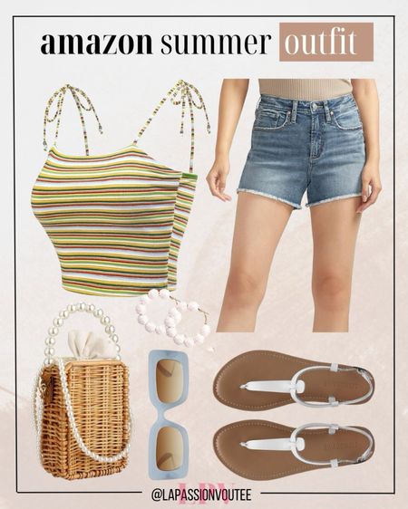 Embrace summer vibes with a cami tube top, denim shorts, raffia hoop earrings, trendy sunglasses, a straw crossbody bag, and thong sandals. Ideal for sun-soaked adventures and laid-back style!

#LTKStyleTip #LTKSeasonal #LTKFindsUnder100