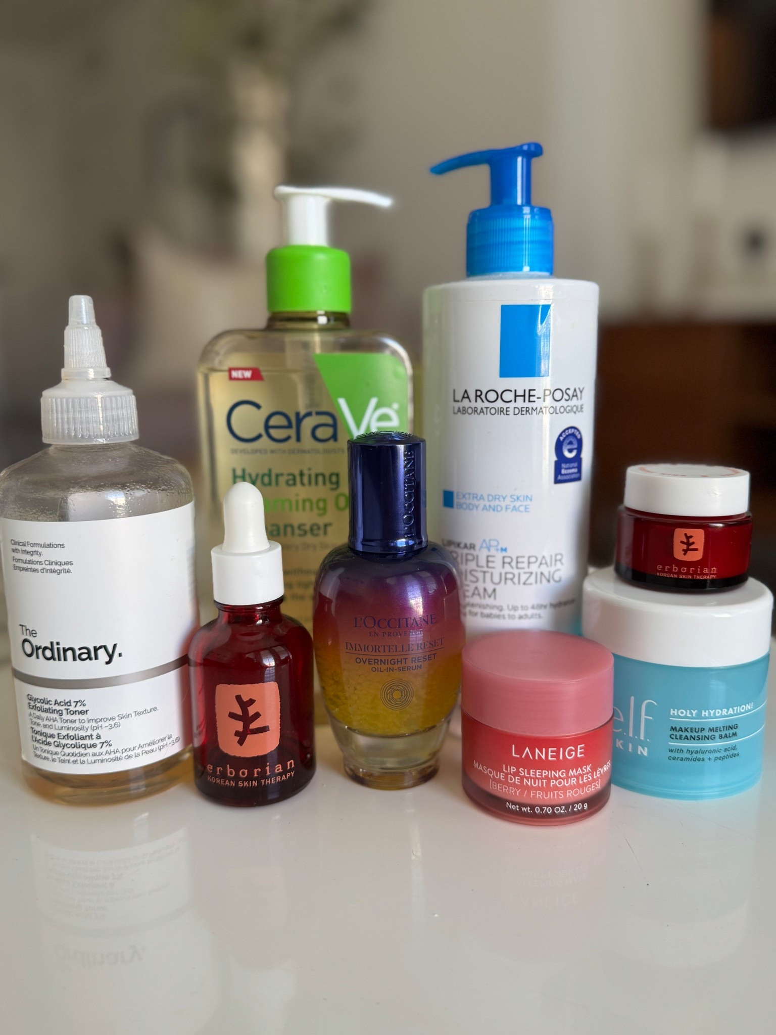 Current night skincare routine for hydrating glowy skin in the morning! 
1. Remove makeup: elf cleansing balm 
2. Cleanse: cerave hydrating foam oil
3. Toner: the ordinary glycolic acid
4. Serum: l’occitane overnight reset
5. Serum: Erborian skin therapy 
6. Tretinoin .025% (not shown or linked since you need an Rx) 
7. Under eye: Erborian skin therapy eye
8. Moisturizer: La roche-posay triple cream 
9. Lips: Laniege sleeping mask 