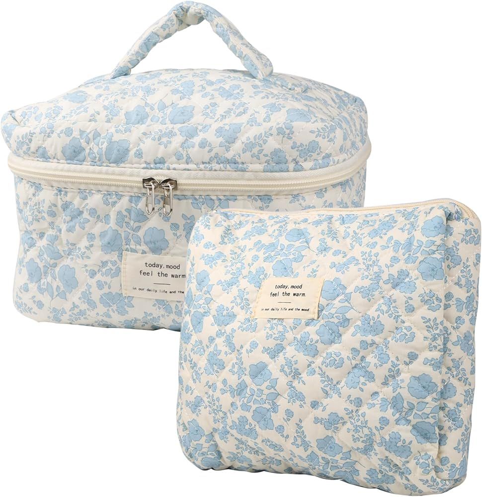 Makeup Cosmetic Bag, Large Cotton Quilted Travel Coquette Aesthetic Cute Floral Make up Bag for W... | Amazon (US)