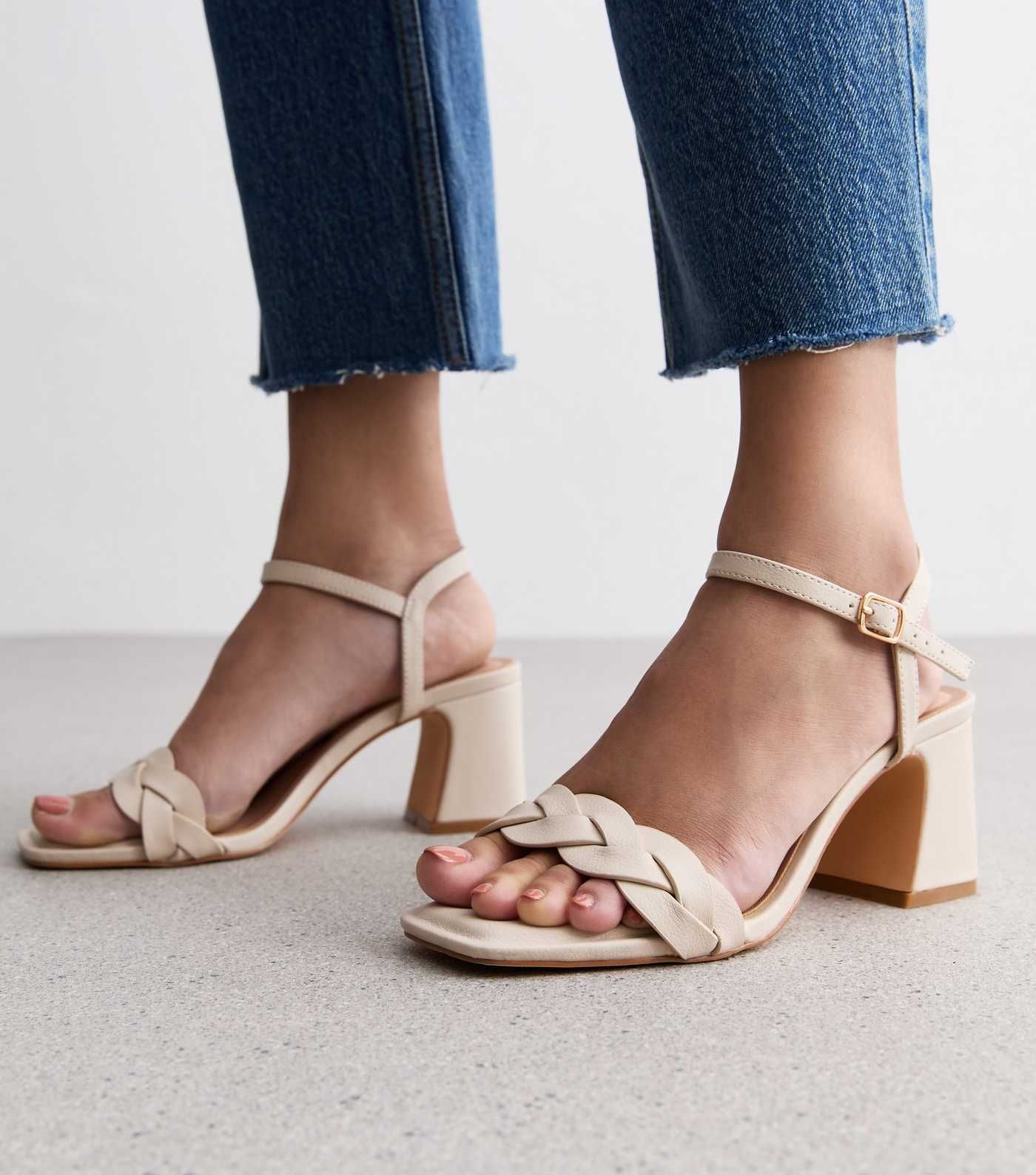 Wide Fit Off White Plaited Block Heel Sandals | New Look | New Look (UK)