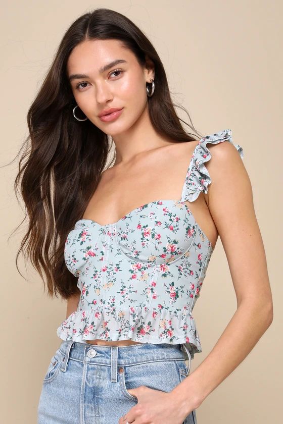 Sweetheart Vibes Mint Green Floral Mesh Ruffled Bustier Tank Top | Lulus