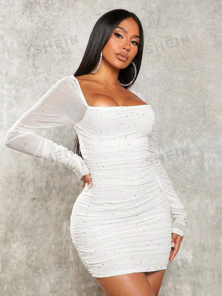 SHEIN SXY Square Neck Ruched Sequin Mesh Bodycon Dress | SHEIN