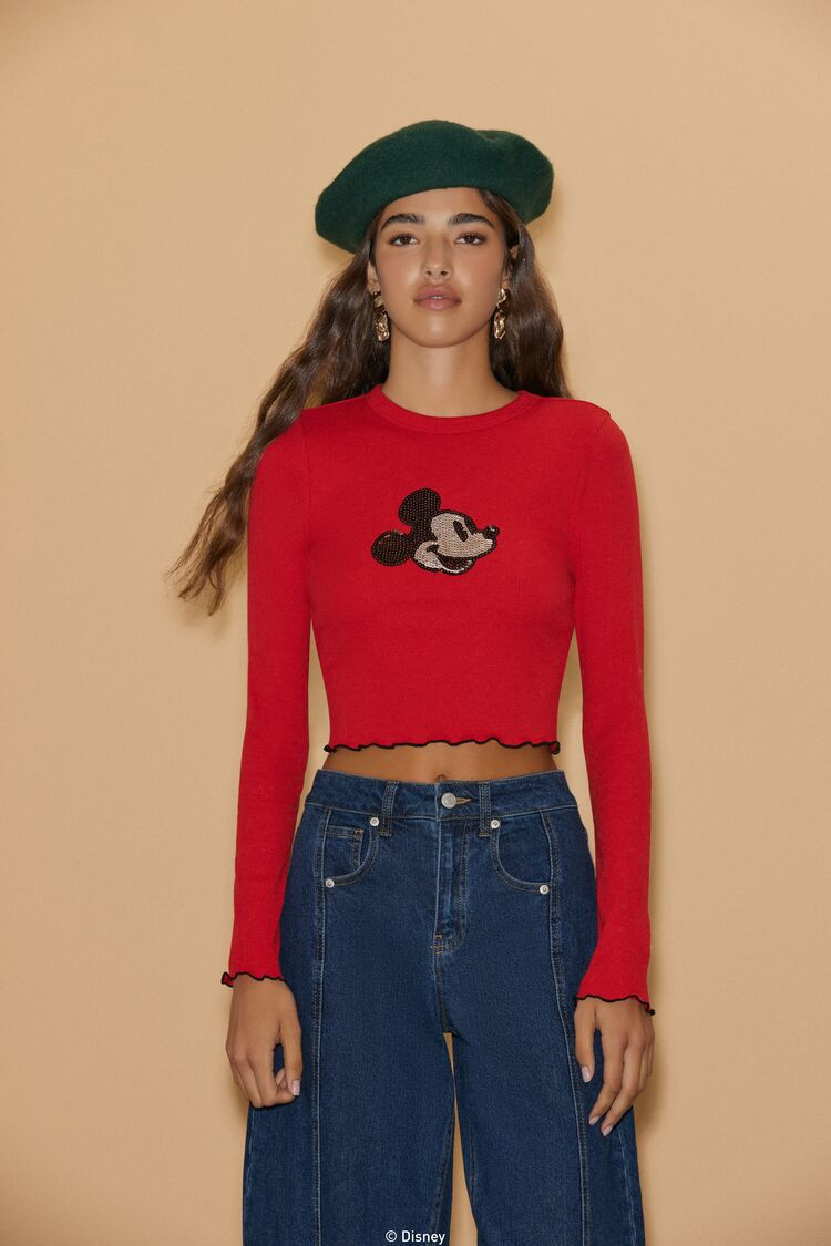 Women's Disney Sequin Mickey Mouse Crop Top in Red Medium | Forever 21