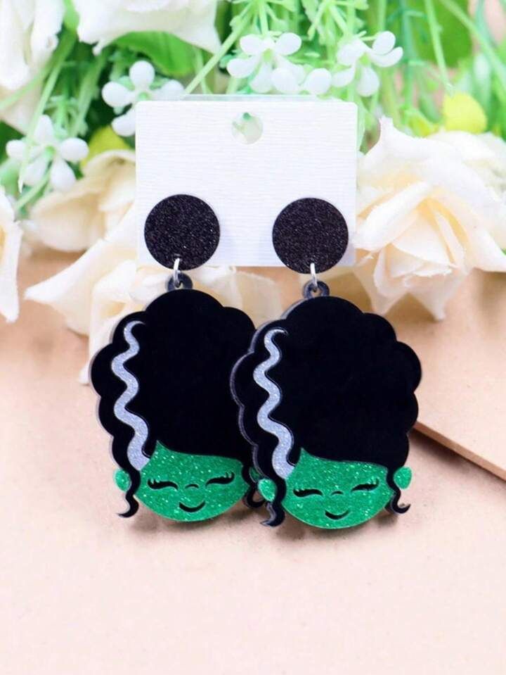 1 Pair New Women's Green Trick Or Treat Monster Flashing Acrylic Earrings,Skull And Witch Hat Gli... | SHEIN