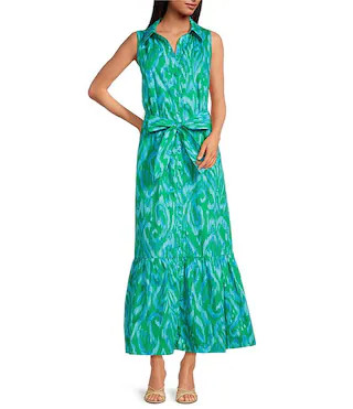 Petite Size Penola Cileah Printed Collared Sleeveless Poplin Maxi Shirt Dress | Dillard's