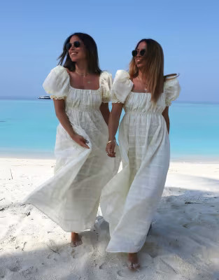 Labelrail x Collyer Twins square neck puff sleeve lace maxi dress in cream | ASOS (Global)