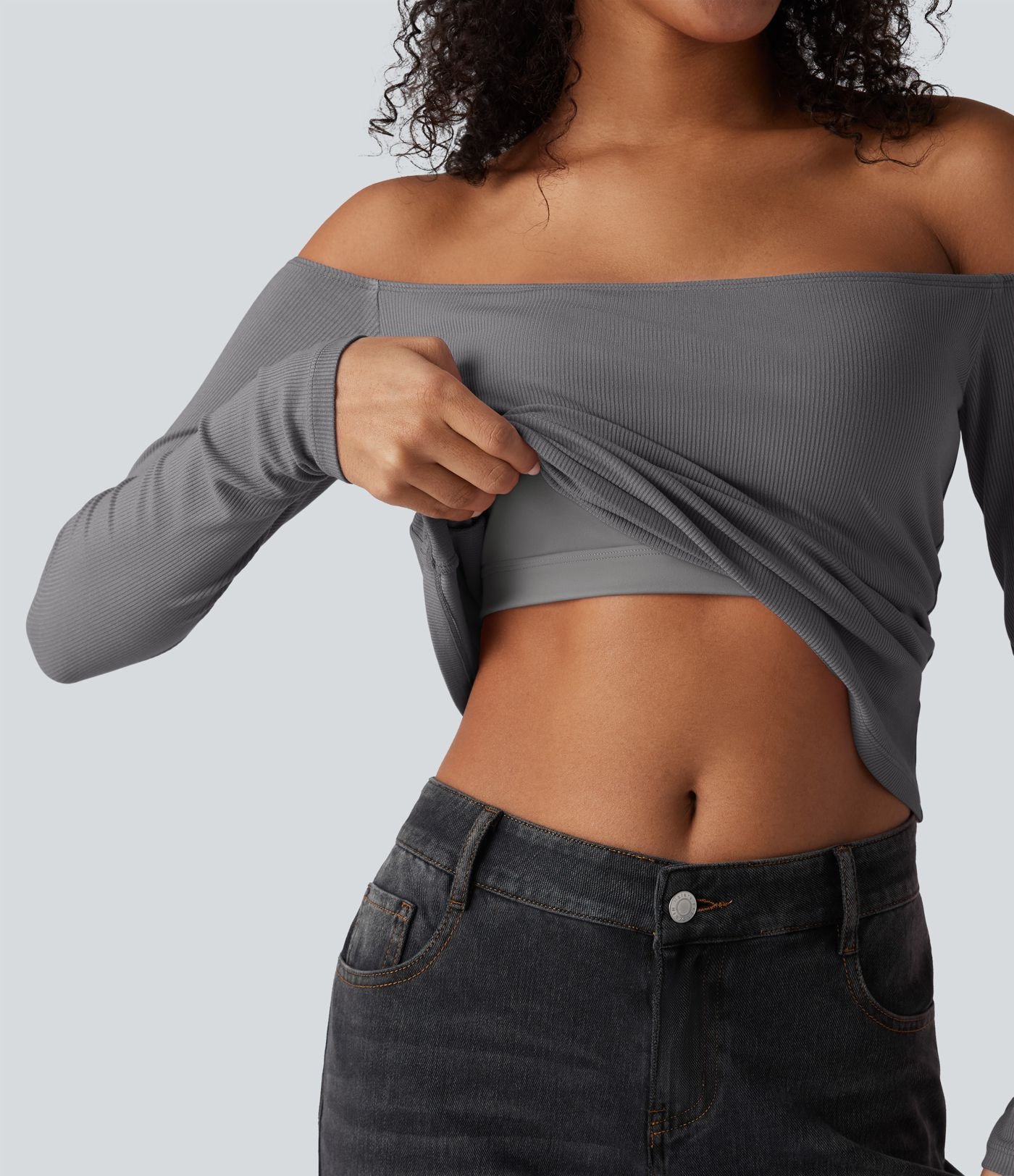 Women’s Ribbed Knit Off Shoulder Long Sleeve 2-in-1 Casual Top - Halara | HALARA