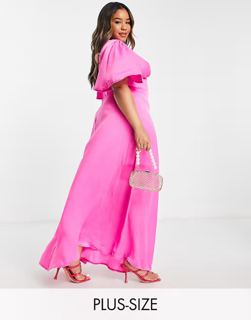 Flounce London Plus flutter sleeve maxi dress with plunge front in hot pink satin | ASOS (Global)
