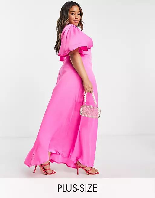 Flounce London Plus flutter sleeve maxi dress with plunge front in hot pink satin | ASOS (Global)