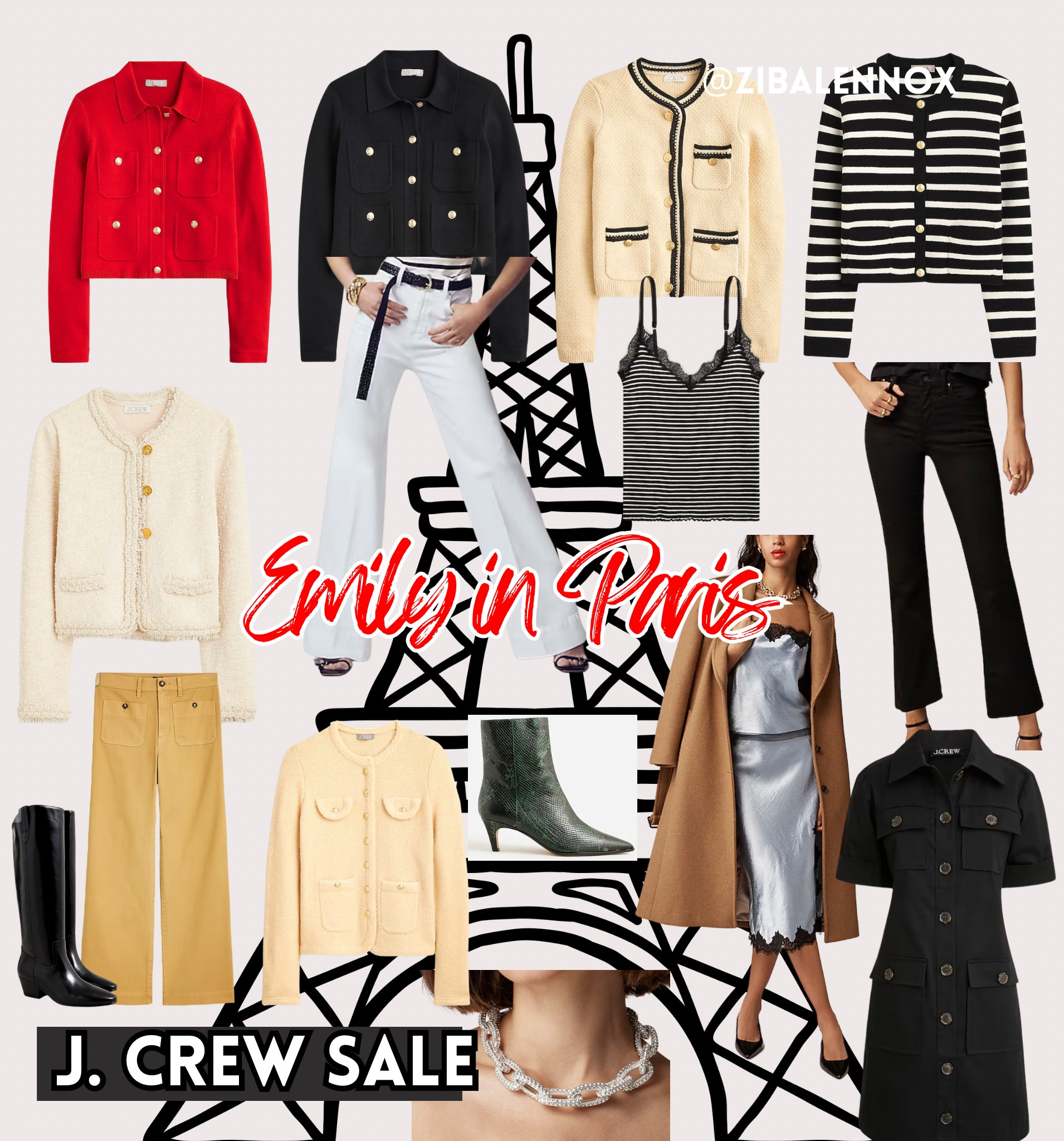 For a French inspired look or if you’re an Emily in Paris fan and want a classic look this fall, shop J. crew sale featuring these beautiful classic pieces that are great for work outfits, quiet luxury looks and must have layers for fall. 
Featuring many cardigan jackets that help elevate any outfit! The flare leg pants show off your boots, linked 3 favorite pairs in suede, a Khaite inspired pair, and a forest green bootie! Add a peekaboo lace camisole under your outfits. The 2 pairs of pants are seasonal just haves one in butter yellow and the other in white because now we’re wearing white year round! The lace set is a classic look featuring a very trendy combo right now! Lace and silk, hurry these 40-60% off prices won’t last forever 🖤