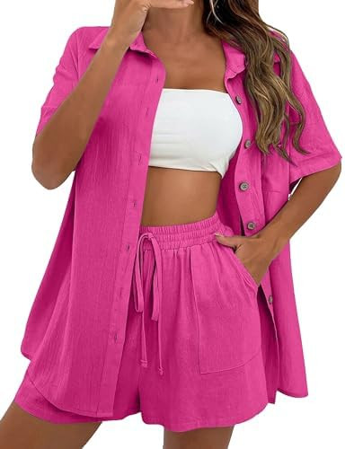 QIBABU Women's Linen Shorts Sets 2 Piece Summer Short Sleeve Top and Shorts Sweatsuit Set Vacatio... | Amazon (US)