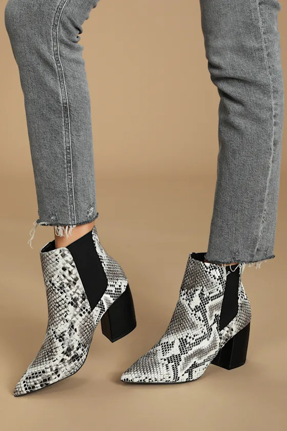 Cecy Black and White Snake Pointed Toe Ankle Booties | Lulus (US)