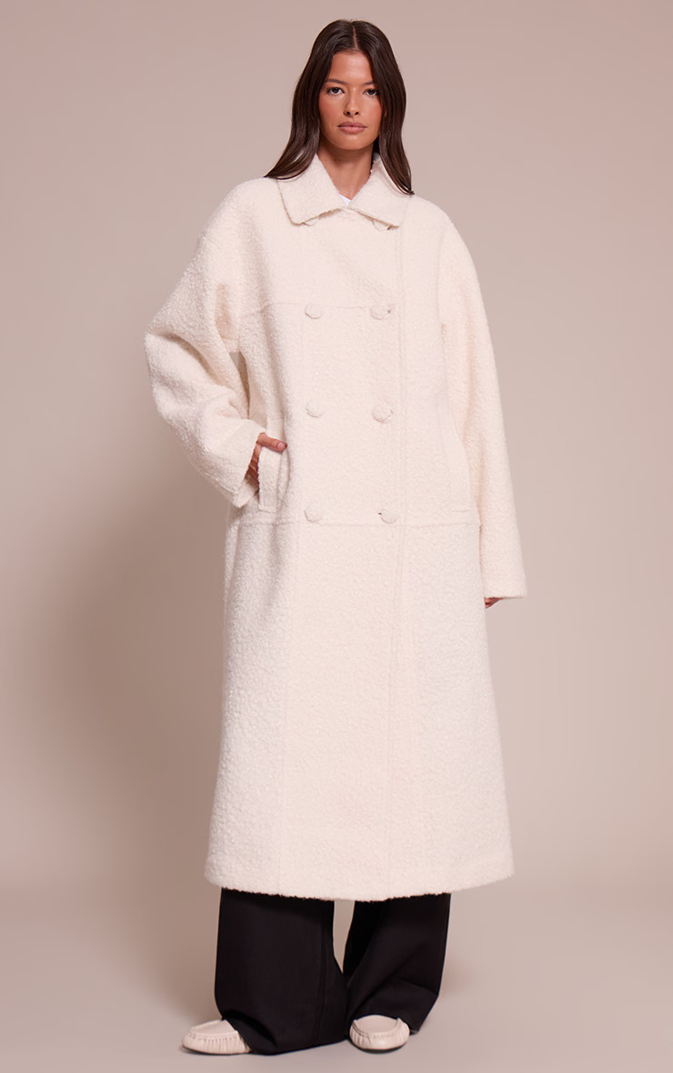 Ecru Boucle Double Breasted Maxi Coat | PrettyLittleThing UK