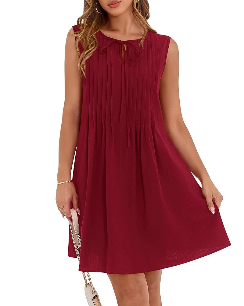 BTFBM Womens Summer Mini Dress 2025 Sleeveless Crew Neck Cute Bow Tie Front Loose Pleated Casual ... | Amazon (US)