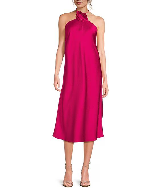 Satin Halter Rosette Neck Sleeveless Midi Dress | Dillard's