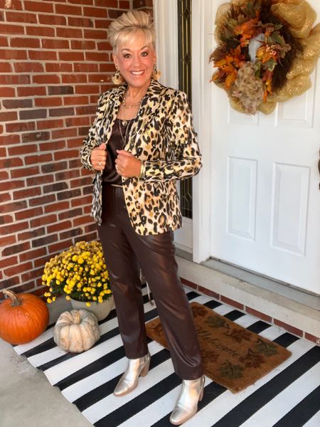 Jacquard Leopard Print Blazer with Gold Metallic
Faux Brown Leather Pants 
Gold Metallic Boots
Gold Metallic Belt