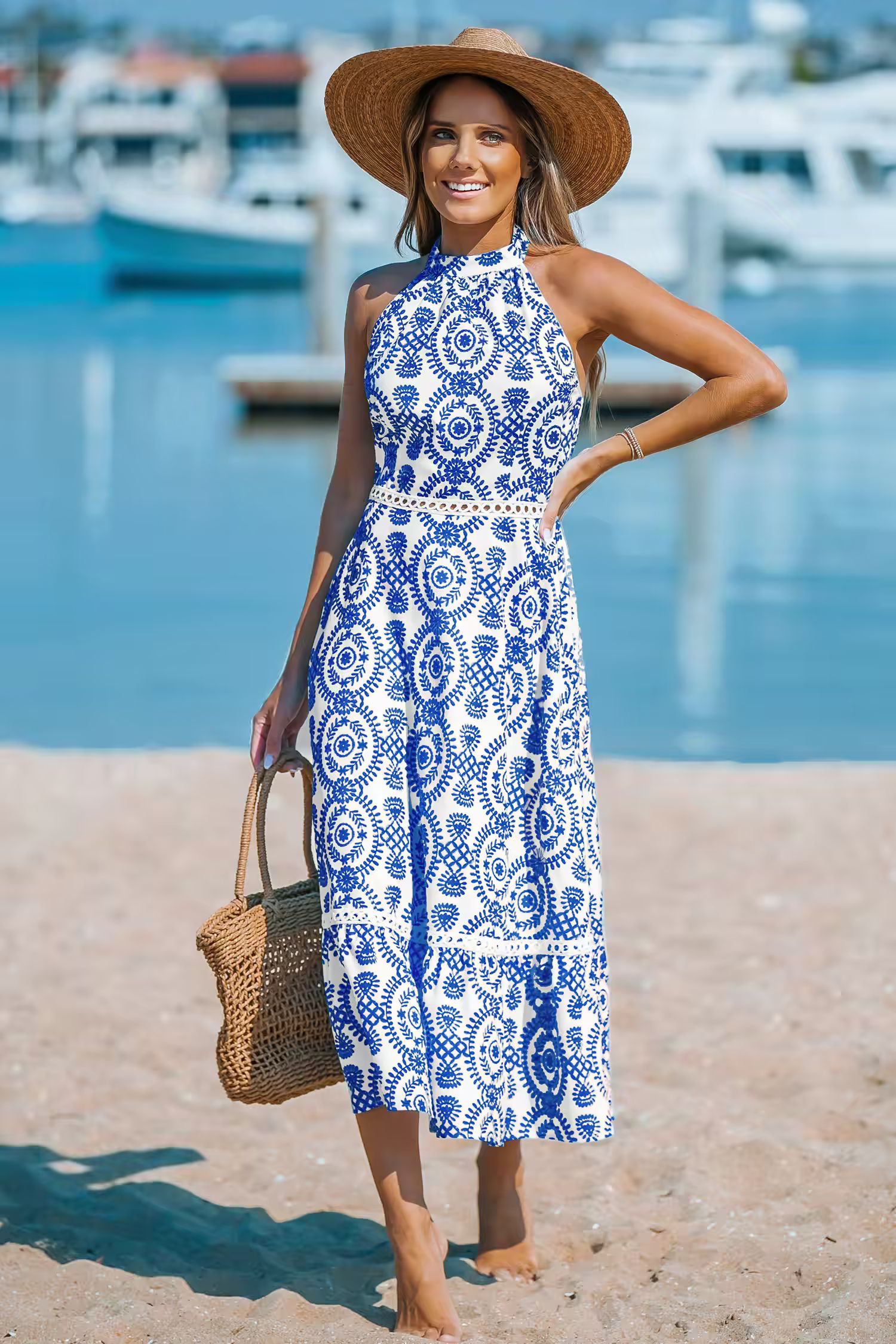 Blue & White Ornate Halterneck Sleeveless Midi Dress | Cupshe US
