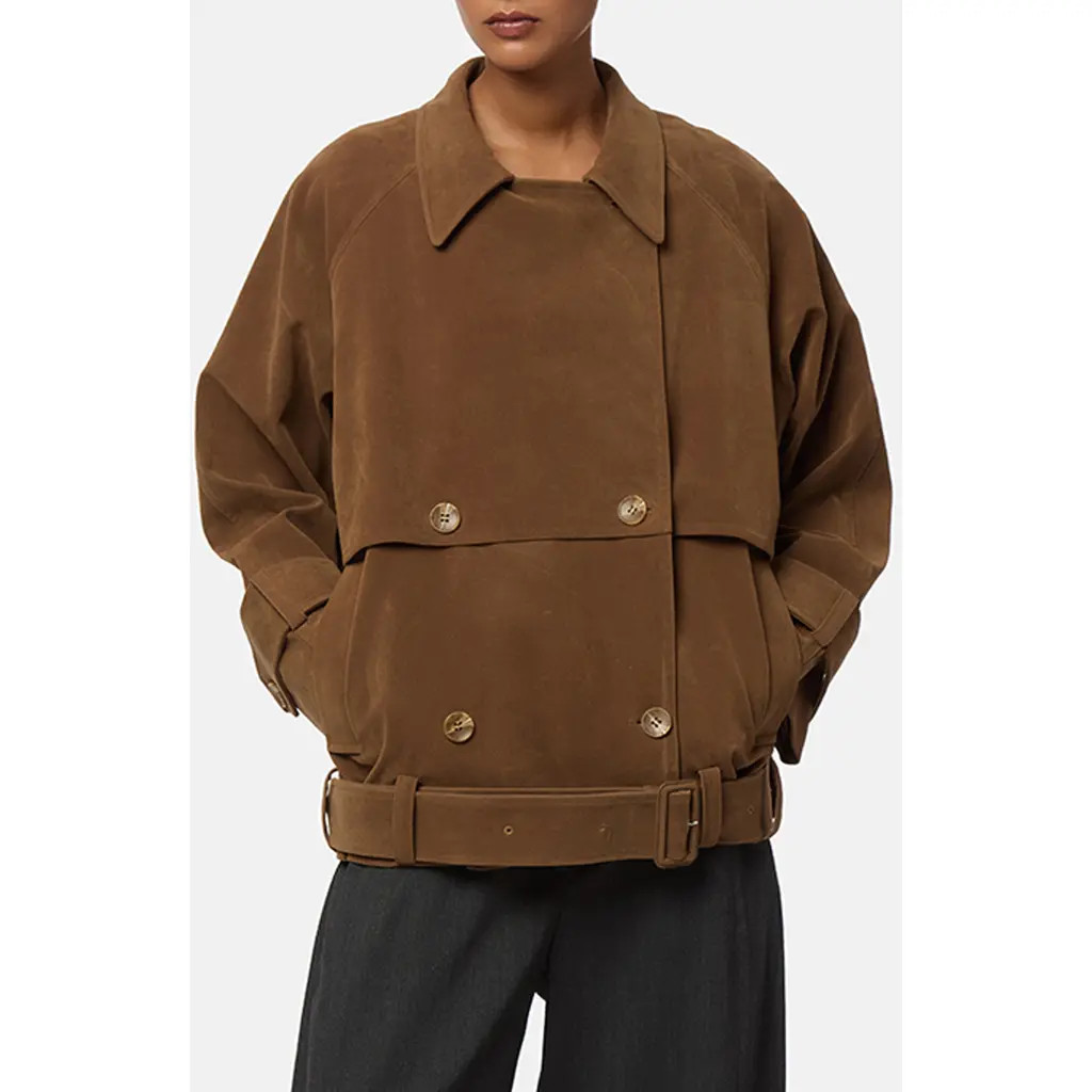Apparis Gaia Faux Suede Short Trench Coat in Saddle Brown at Nordstrom, Size Small | Nordstrom