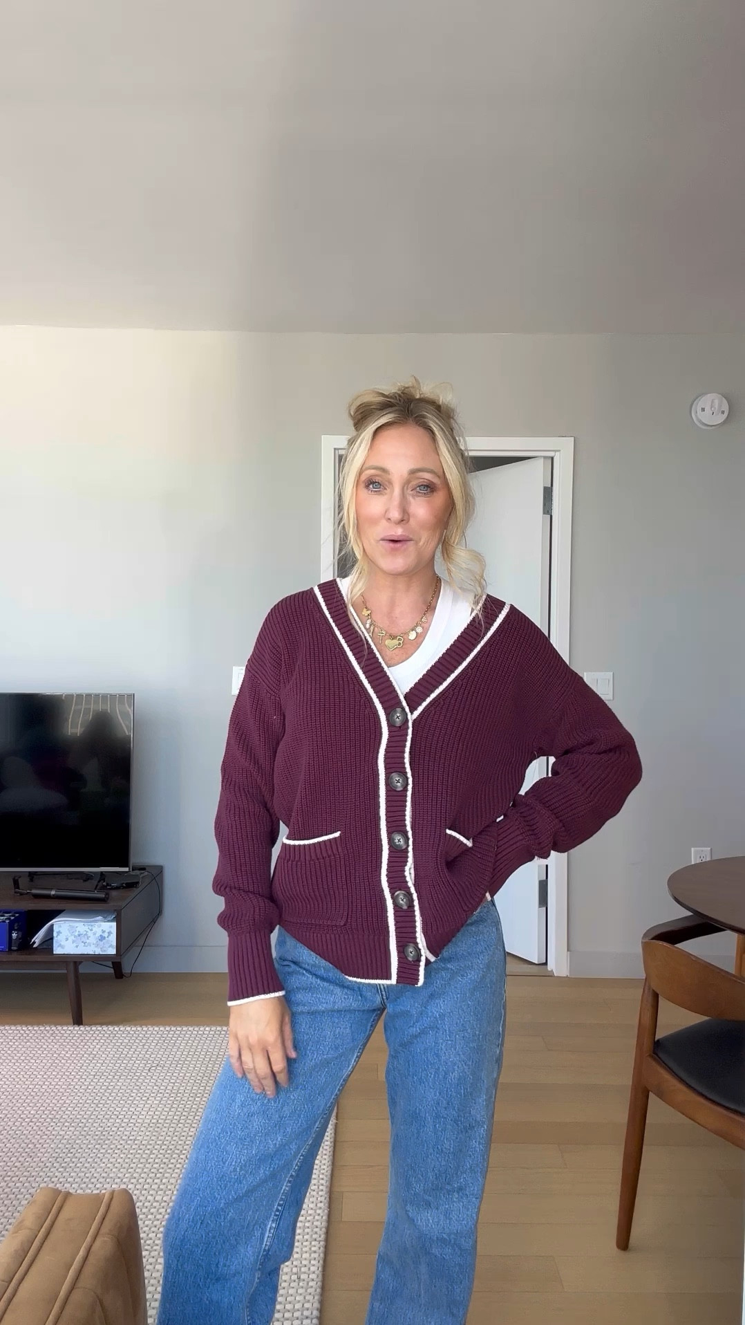 Cardigan is SO CUTE! 1/2 off wearing size  S! Love this burgundy for fall! Order up 1/2 size in the metallic sneakers/ love them!!! 

#LTKFindsUnder50 #LTKSeasonal #LTKSaleAlert