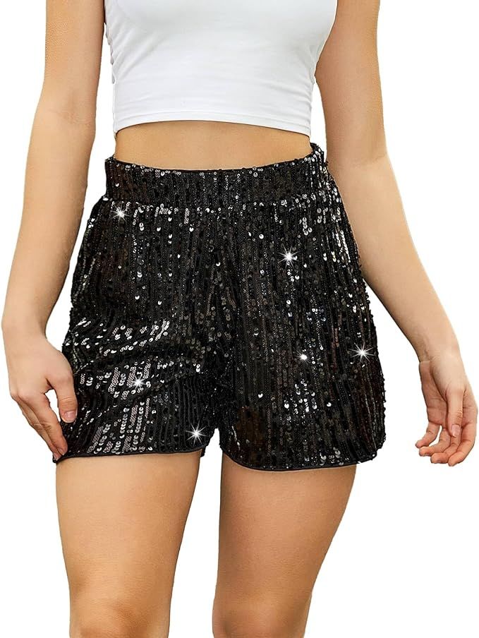 Women's Sequin Shorts Elastic Waist Sparkly Straight Leg Shorts Glitter Party Shorts Hot Pants Pa... | Amazon (US)