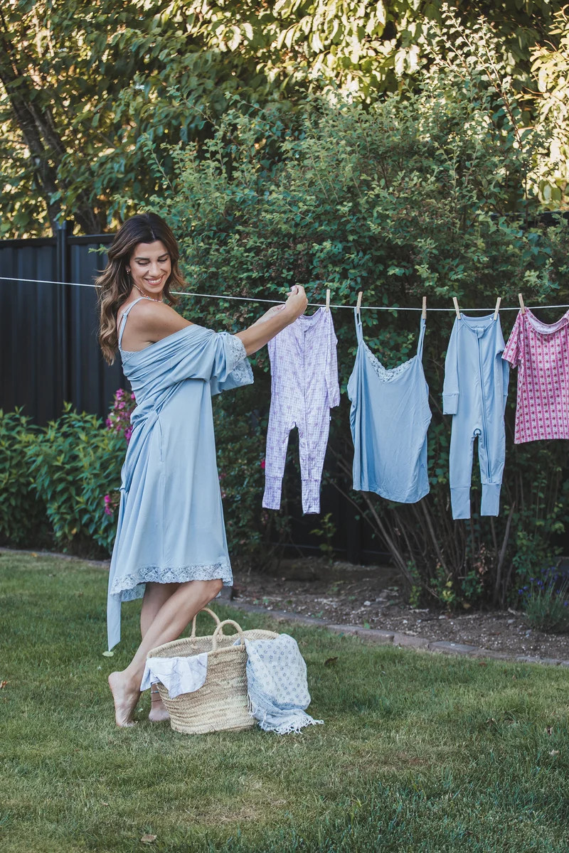 Ladies Lace Trimmed Robe - Dusty Blue | Sunset Snuggles