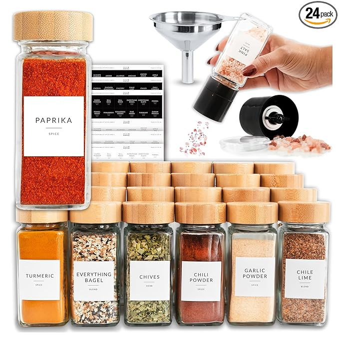 Glass Spice Jars with Label, 24PK Bamboo Spice Jar Set 4oz Seasoning Containers with Labels, Pepp... | Amazon (US)