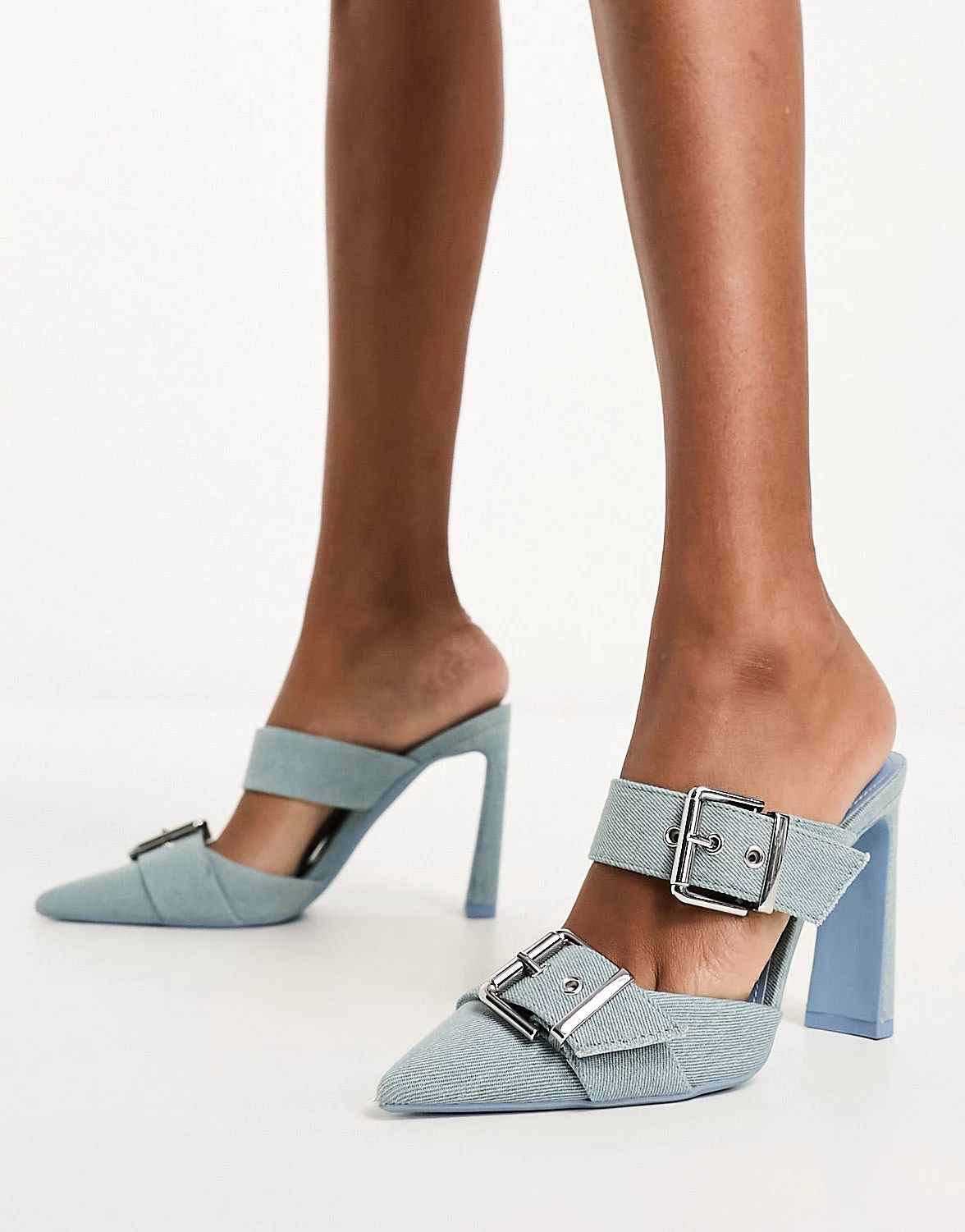 Bershka denim buckle detail heeled sandals in blue | ASOS | ASOS (Global)