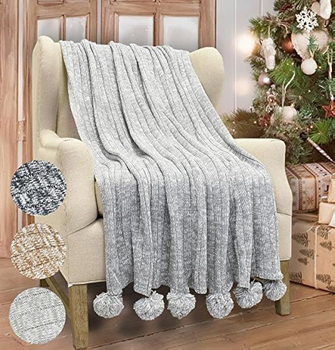 Catalonia Cable Knit Throw Blanket, Reversible Soft Pom Pom Throws Warm Crochet Sweater Blanket with | Amazon (US)