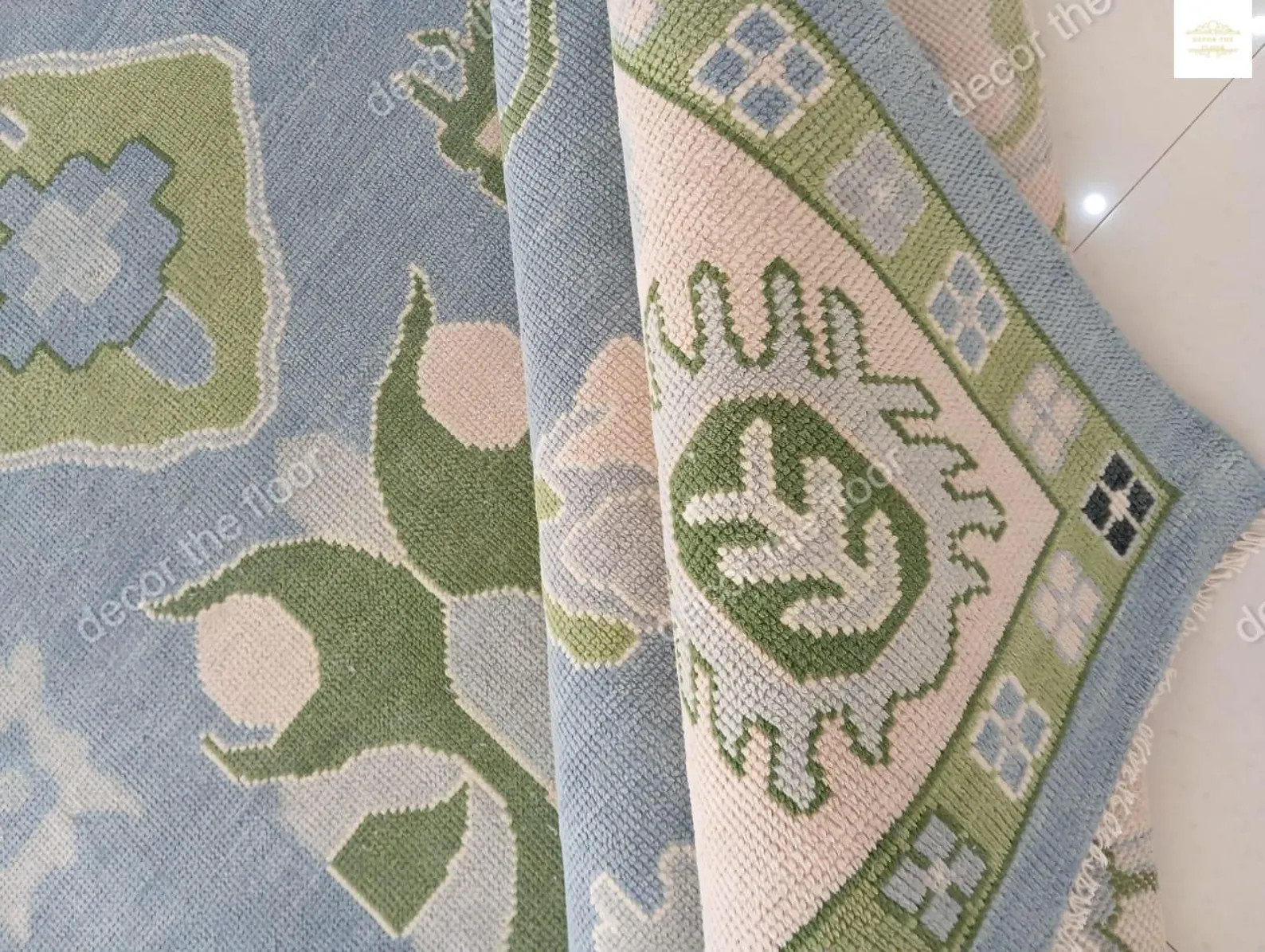 Hand-Knotted Wool Oushak Rug: Blue, Ivory Border, Modern Design | Etsy (Global)