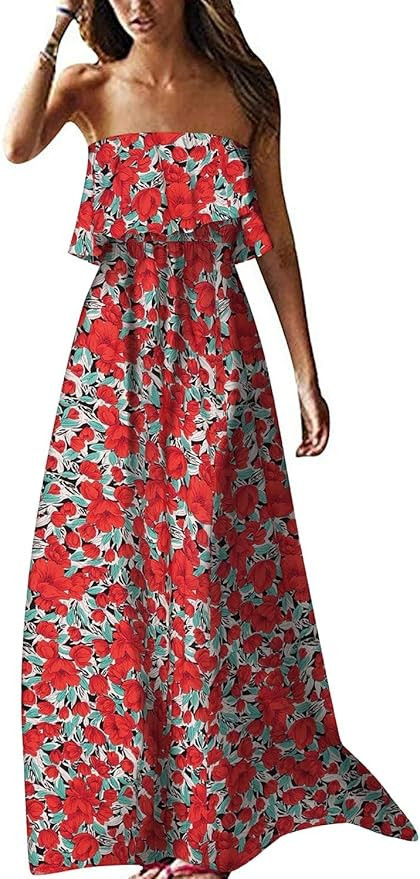 ZMPSIISA Women's Summer Off The Shoulder Maxi Dress Ruffle Strapless Blue White Porcelain Boho Ca... | Amazon (US)