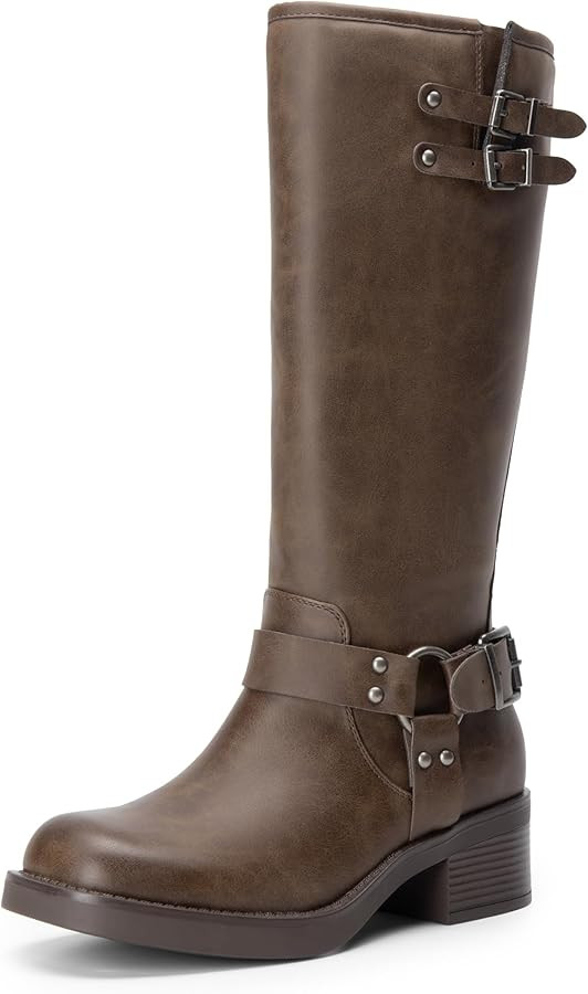 DREAM PAIRS Women's Knee High Boots Side Zipper Motorcycle Boots Square Toe Chunky Low Heel Fashi... | Amazon (US)