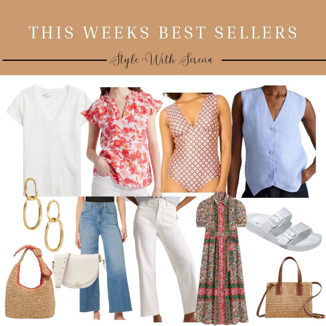 This weeks best sellers, best sellers, summer outfit, summer fashion, summer dress, jcrew style, swimsuit, handbag, sandals 