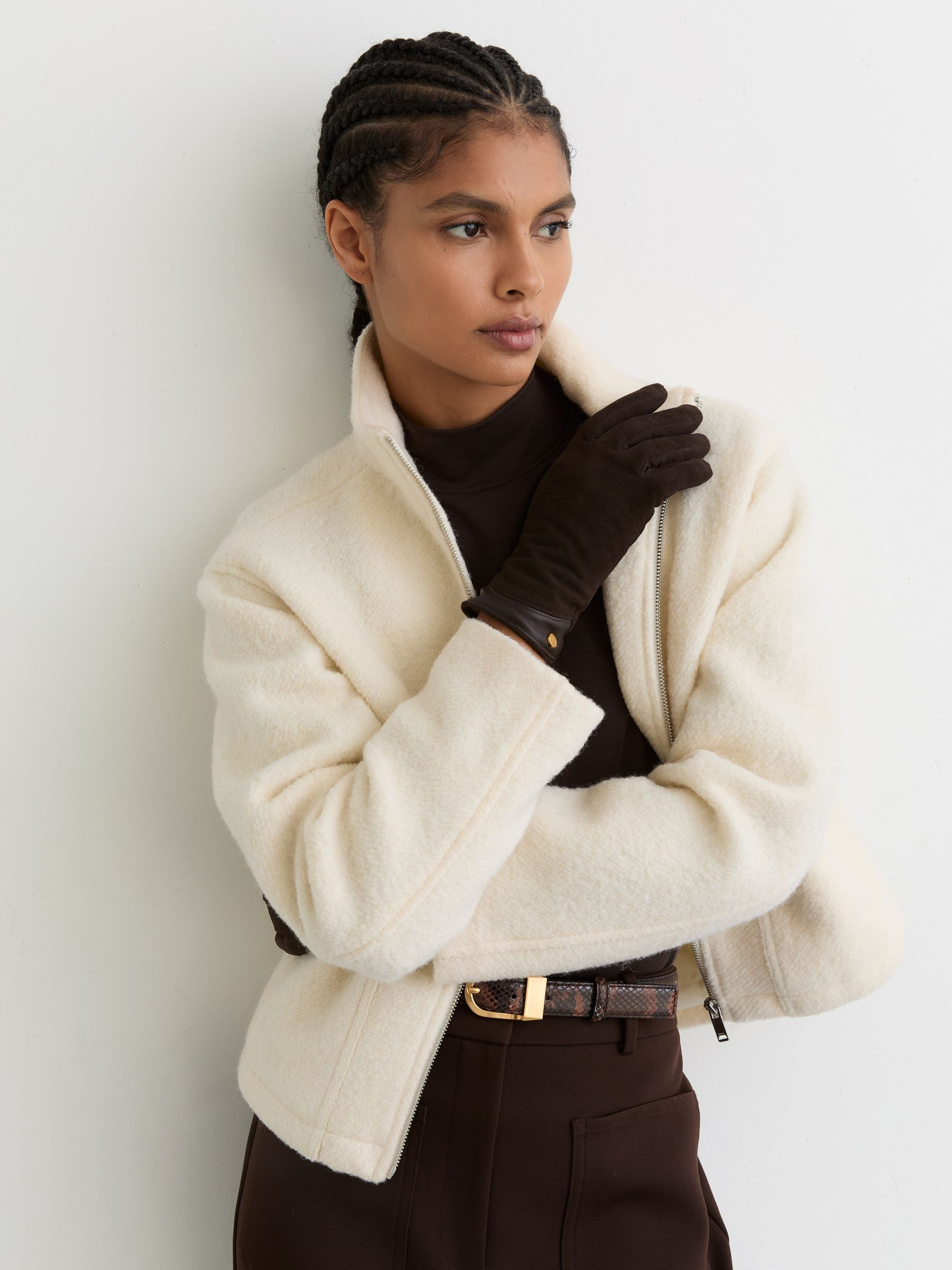 Reiss Suede Leather-Trim Gloves in Chocolate - REISS | Reiss UK