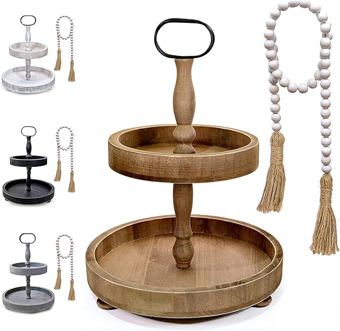 Farmhouse Tiered Tray with Beads Home Decor, Round 2 Tier Tray Cupcake Server, Kitchen Tiered Tra... | Amazon (US)