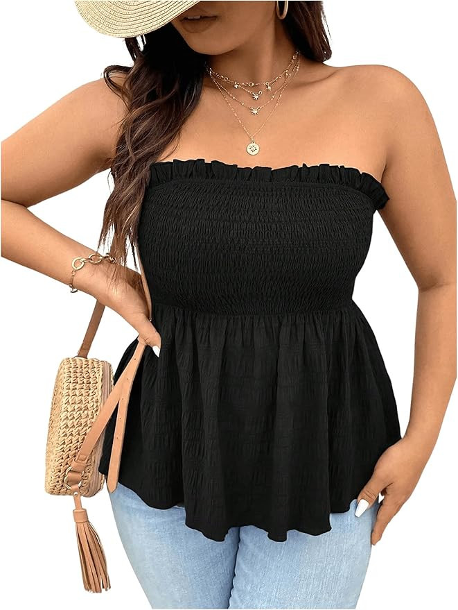 SOLY HUX Women's Plus Size Peplum Tube Top Summer Strapless Flowy Cute Vacation Tops | Amazon (US)
