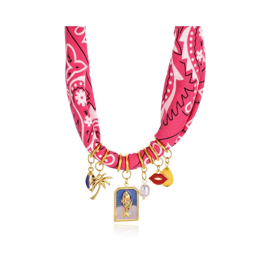 Scarf Necklace with Charm Bandana Necklace Shell Fish Strawberry Beaded Necklaces Beach Jewelry G... | Amazon (US)