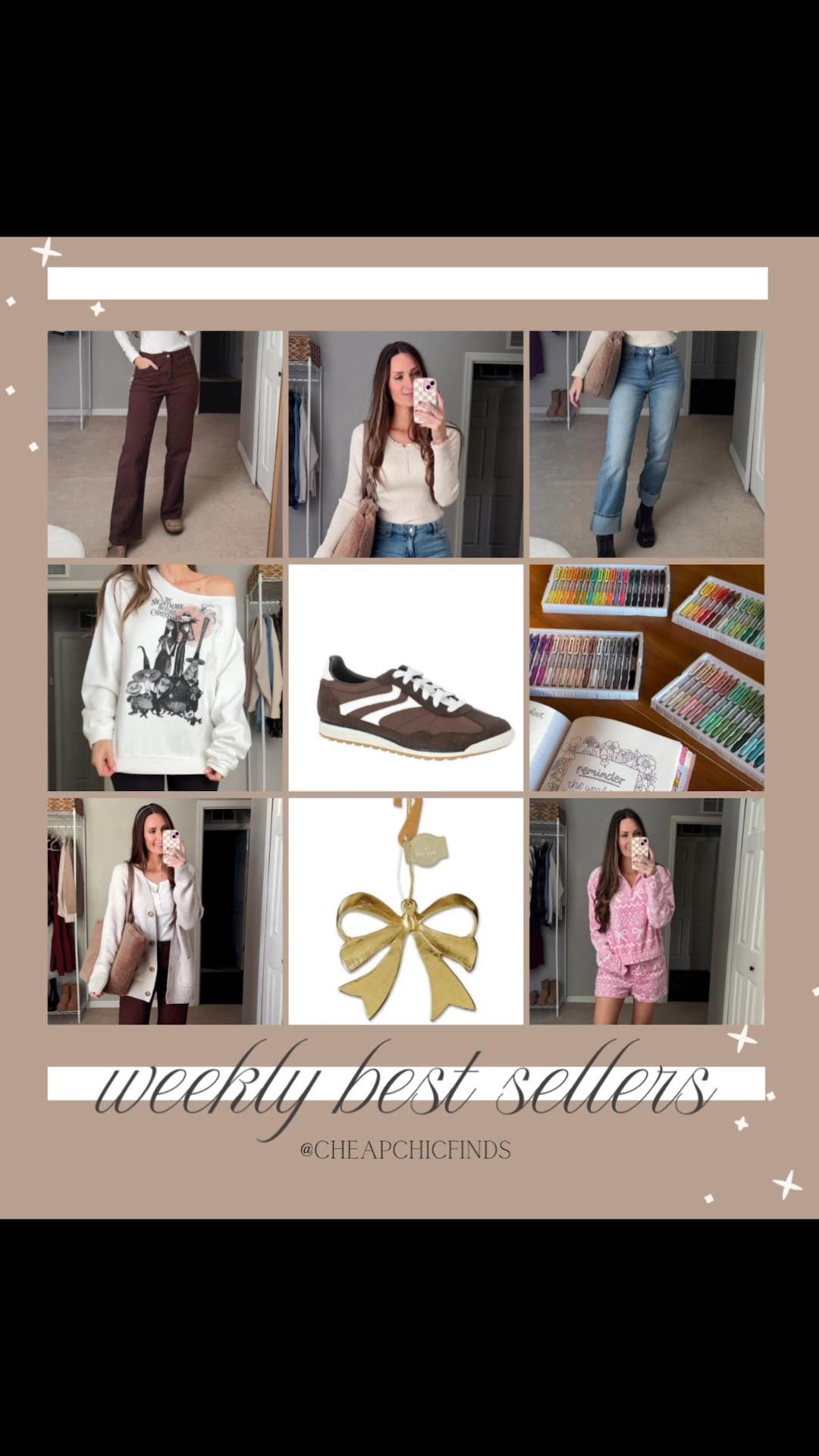 Last weeks best sellers!!
Walmart dark brown jeans
Walmart cuffed jeans
Walmart brown sneakers
Walmart gold bow ornament
Acrylic paint pens 

#LTKFindsUnder50 #LTKSeasonal #LTKTall