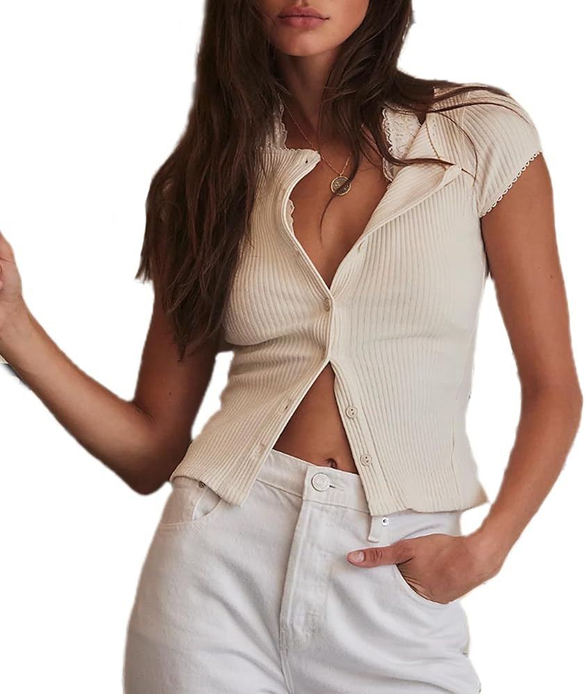 Womens Slim Fitted Shirts Short Sleeve Cardigan Button Down Blouses Y2k Ribbed Tops | Amazon (US)
