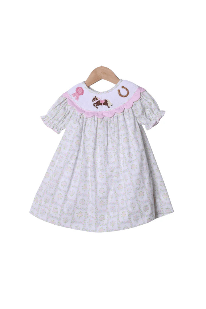 Smocked Winner's Circle Horse Pink Scalloped Dress | The Smocked Flamingo