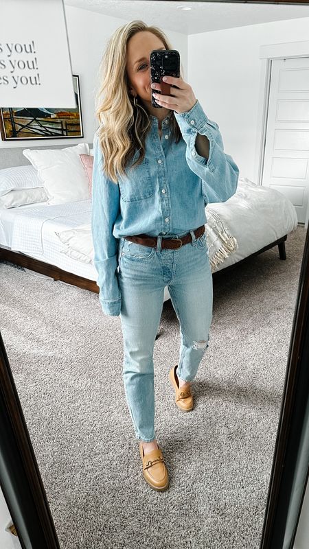 Another denim on denim outfit option!

Shirt: Gap
TTS for an oversized fit 
Lightweight and not bulky!

Jeans: Gap
TTS and the best straight jeans to ever exist! 

Shoes: Target 
TTS 
Love these loafers and they go with everything!

Belt: similar one linked from Target 

#LTKstyletip #LTKunder100 #LTKfit