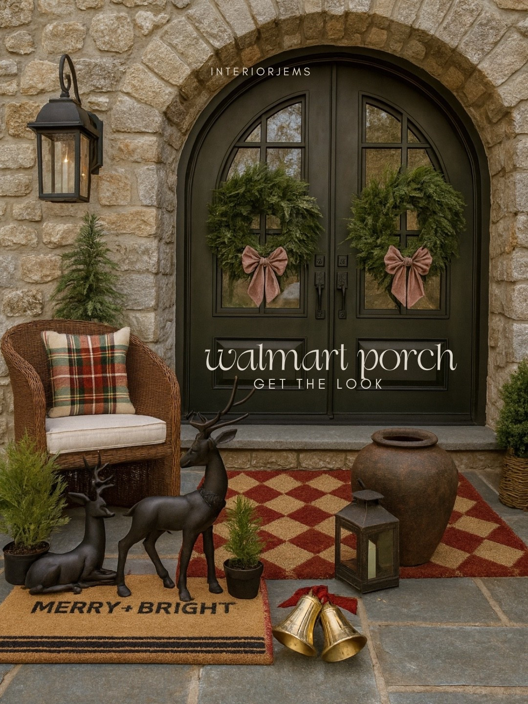 Holiday porch, mainly from Walmart some Amazon is mixed in, outdoor patio chair, realistic, artificial wreath, cedar wreath, red, striped bow, holiday bows, Christmas bows, blow mold, reindeer, checkered doormat from Ballard, designs, Christmas tree, front porch, Christmas porch

#LTKHoliday #LTKSaleAlert #LTKHome