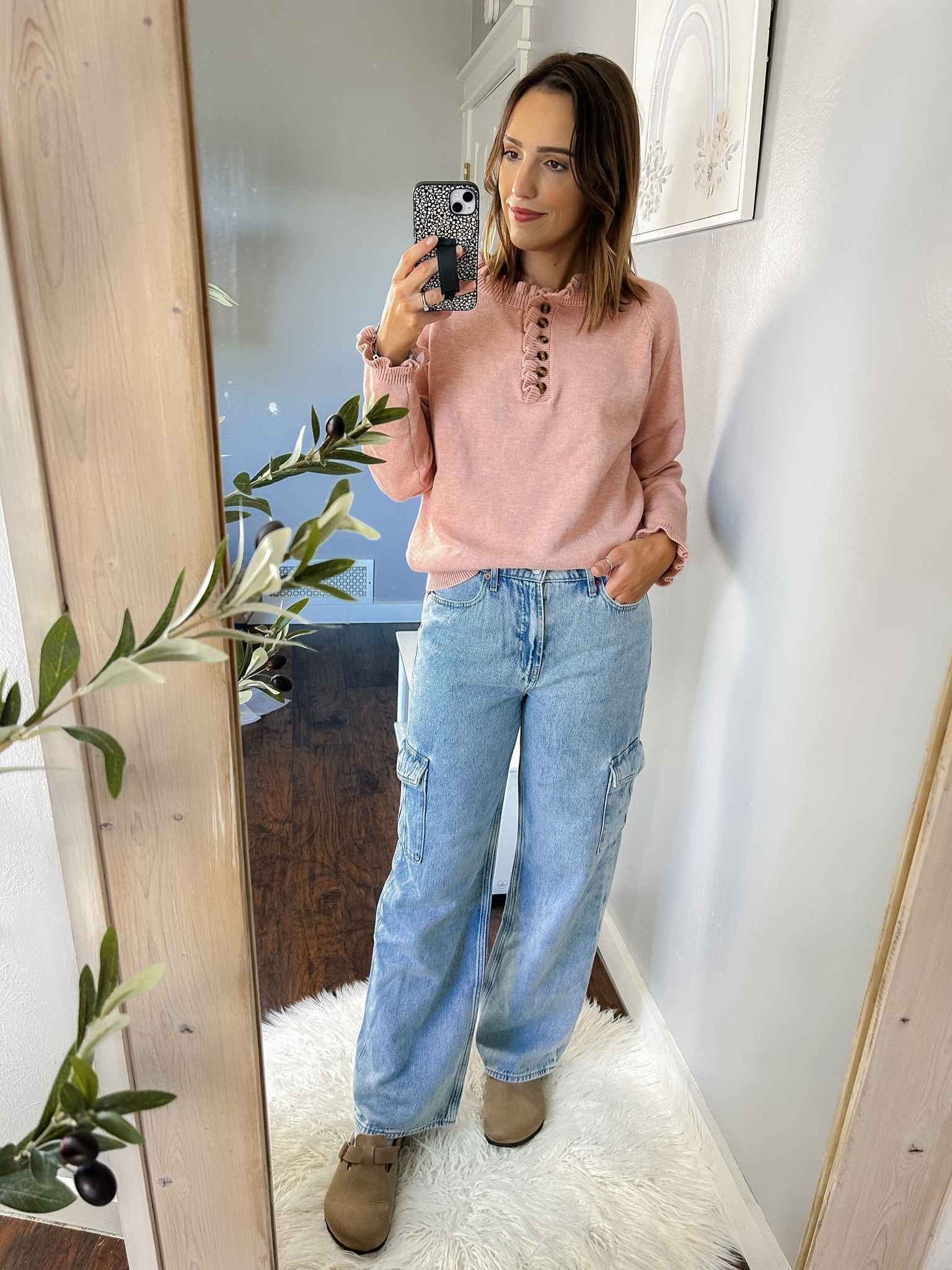 Amazon sweater / Ruffle knit button down pink sweater — TTS, S
Old Navy cargo wide leg jeans — TTS, 6
Birkenstocks — TTS
Made by Mary silver disc choker necklace
Victoria Emerson cuff bracelet 

#LTKfindsunder50 #LTKstyletip #LTKSeasonal