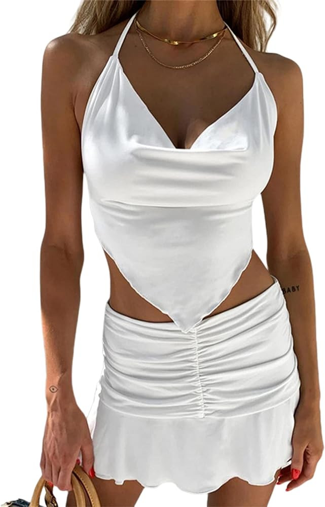 Remidoo Women's 2 Piece Outfit Halter Cami Crop Top and Ruched Ruffle Mini Skirt Set | Amazon (US)