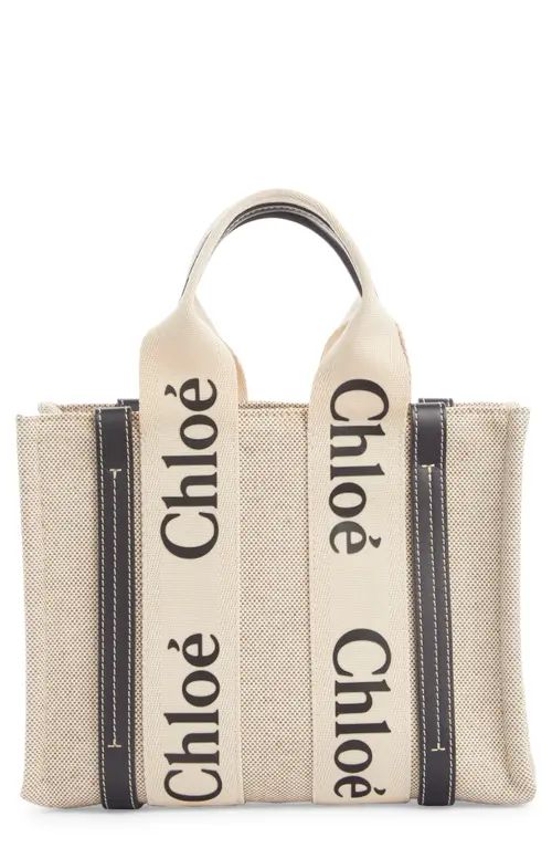 Chloé Mini Woody Logo Strap Canvas Tote in White - Blue at Nordstrom | Nordstrom