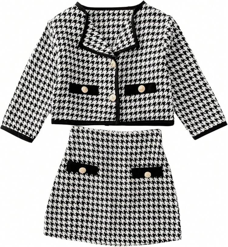 Girl's 2 Piece Houndstooth Outfits Tweed Jacket And Skirt Set Tea Party Suits | SHEIN
